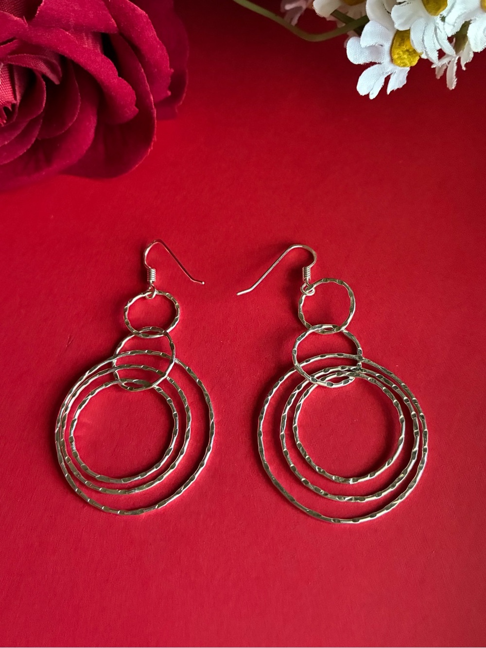 925 Silver Tone Hammered Multi Circle Dangle Earrings for Women